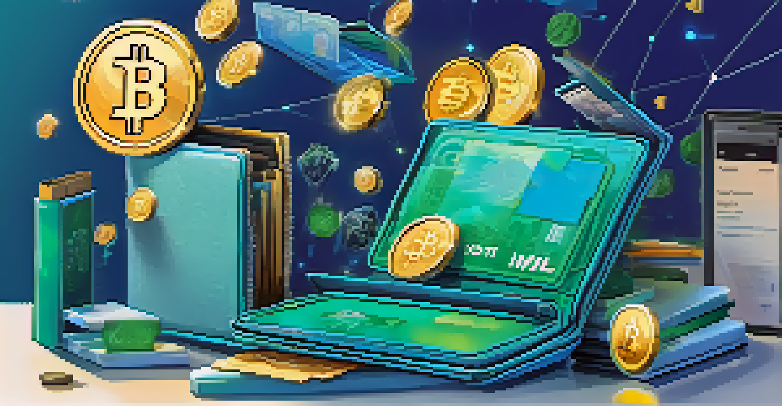 A digital wallet filled with cryptocurrencies, surrounded by floating financial tool icons in a modern, sleek design.