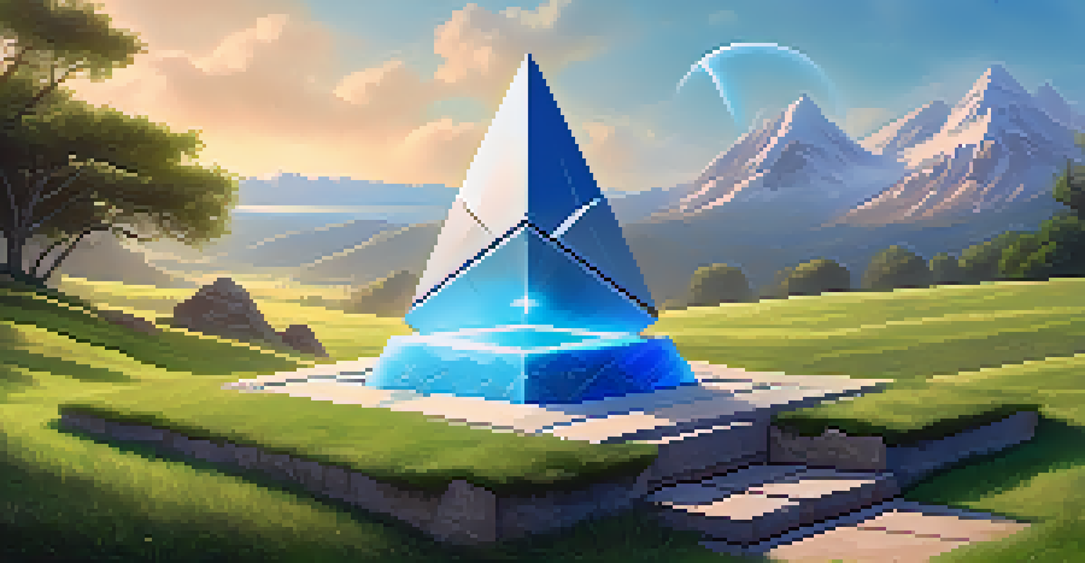 A serene digital landscape featuring a glowing Ethereum symbol on a stone pedestal, surrounded by nature.