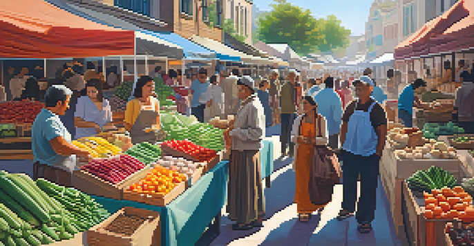 A lively marketplace filled with colorful stalls and vendors selling various goods, under warm sunlight.