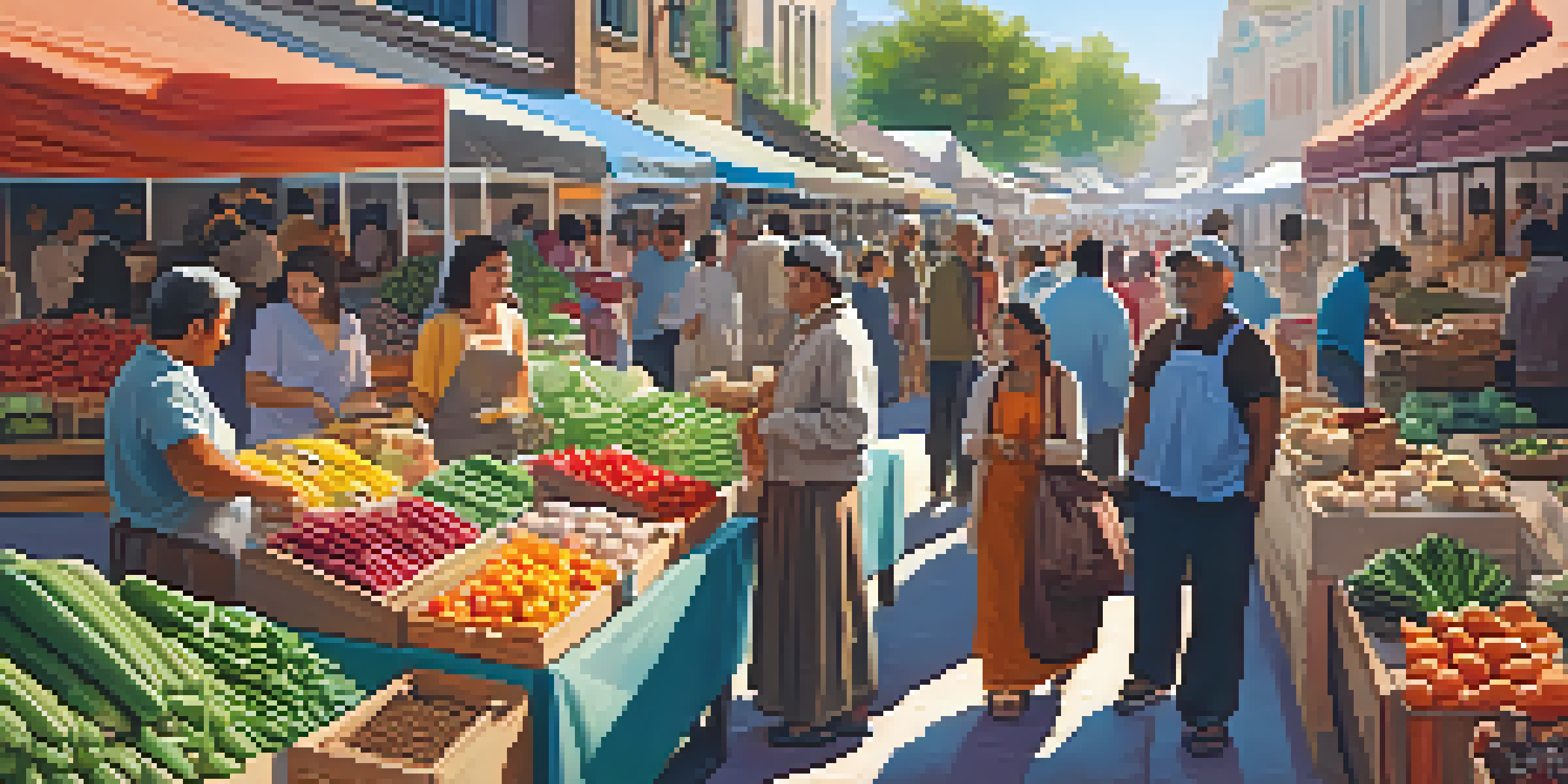 A lively marketplace filled with colorful stalls and vendors selling various goods, under warm sunlight.