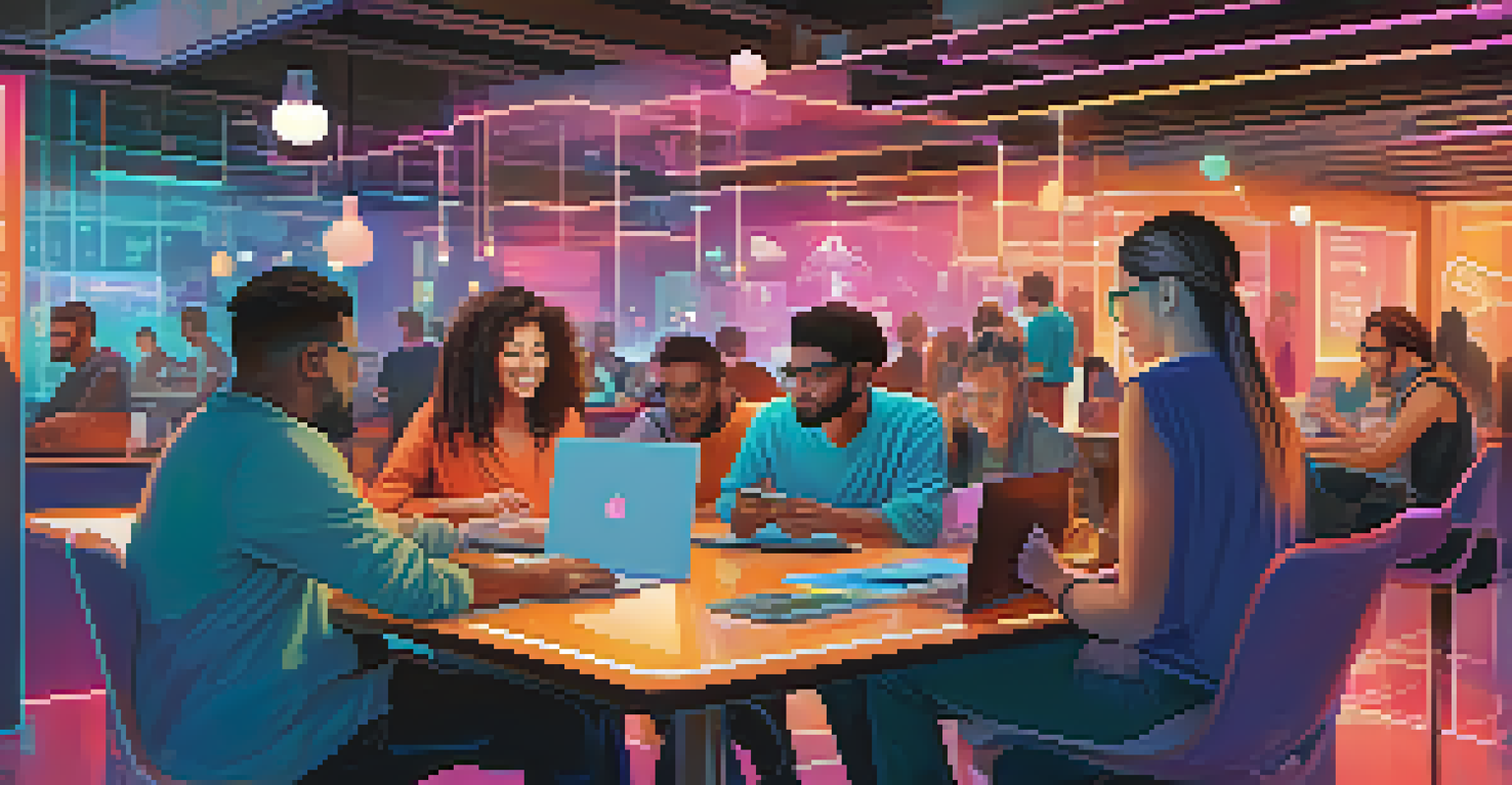 A diverse group of freelancers collaborating online through smart contracts in various settings.