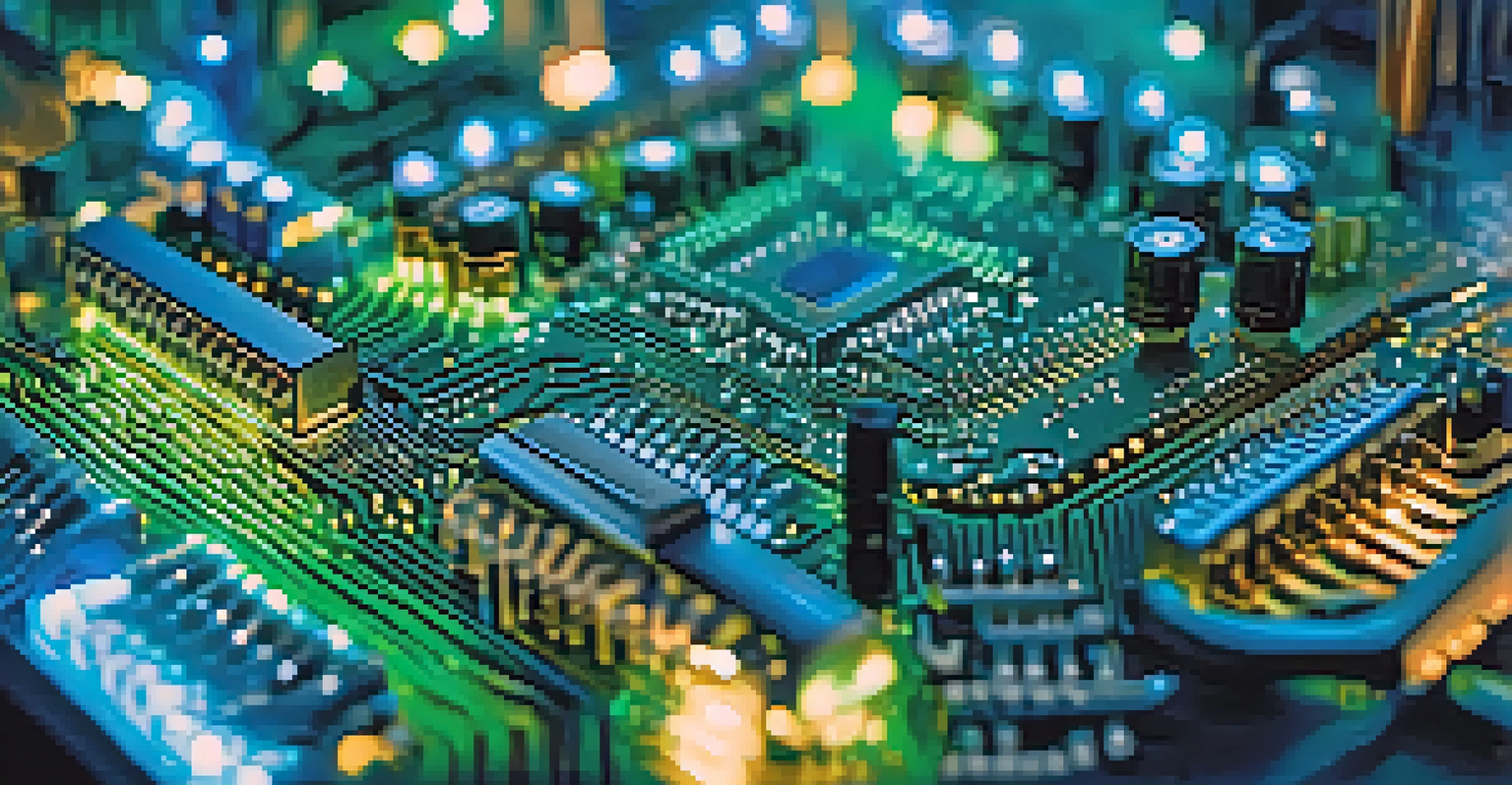 A detailed close-up of a circuit board with glowing blue and green LED lights and small electronic components.