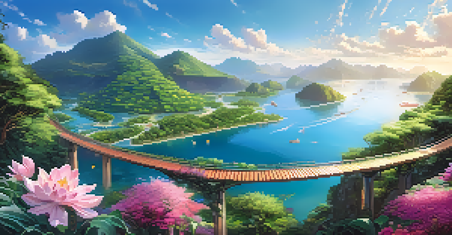 A tranquil landscape with bridges connecting islands, symbolizing collaboration between different blockchains.