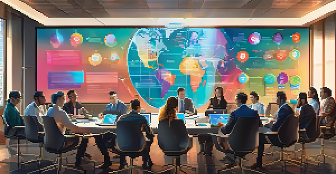 A diverse group of people in a bright conference room discussing governance tokens, with digital devices and an infographic on the screen.