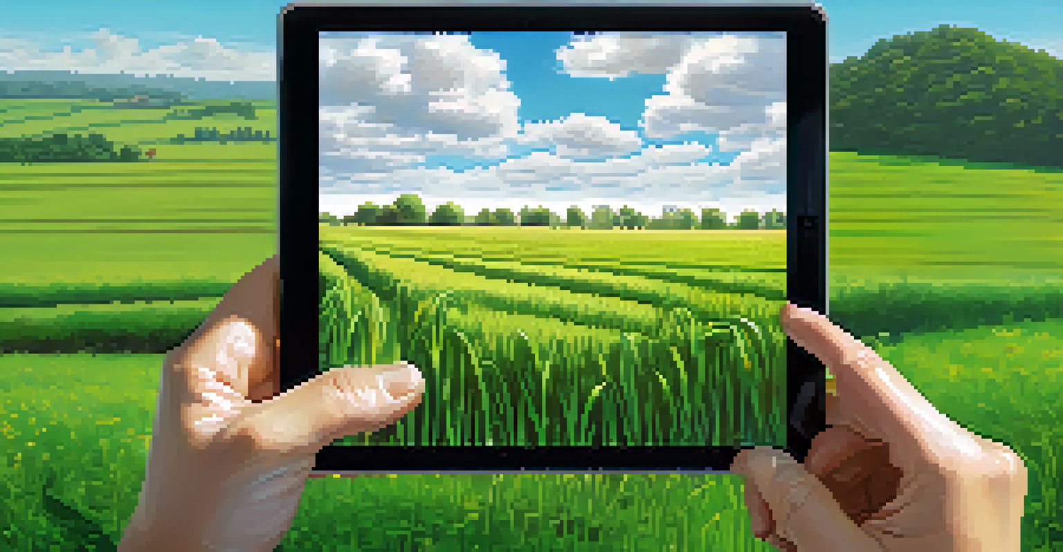 A farmer in a green field looking at a tablet with weather data, with a digital display in the background showing data feeds.