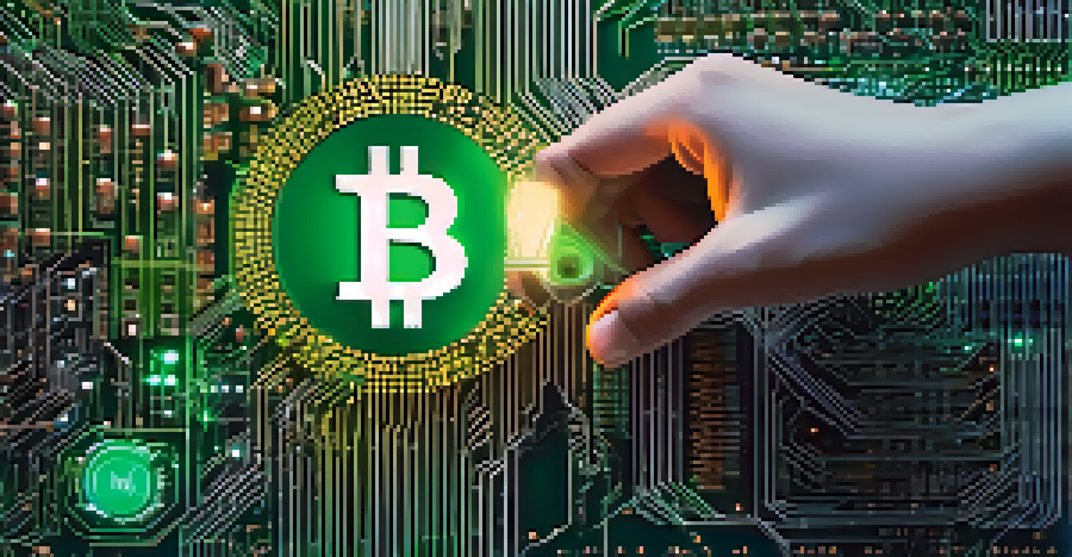 A close-up of a hand holding an Ether coin with computer circuits and binary code in the background.