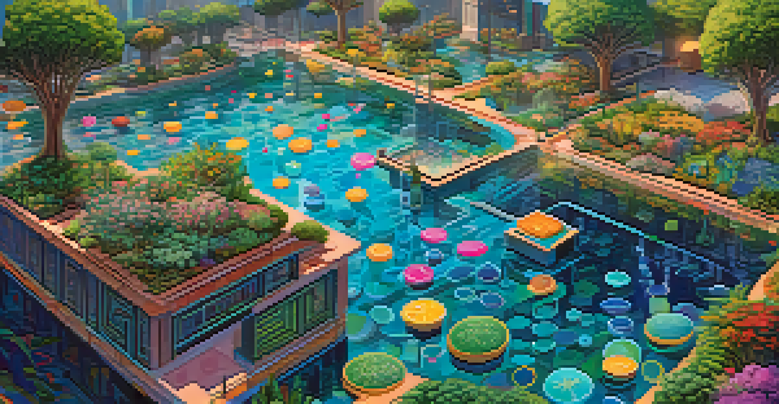 An artistic depiction of interconnected liquidity pools represented as water bodies filled with colorful tokens, emphasizing growth and community in the DeFi ecosystem.