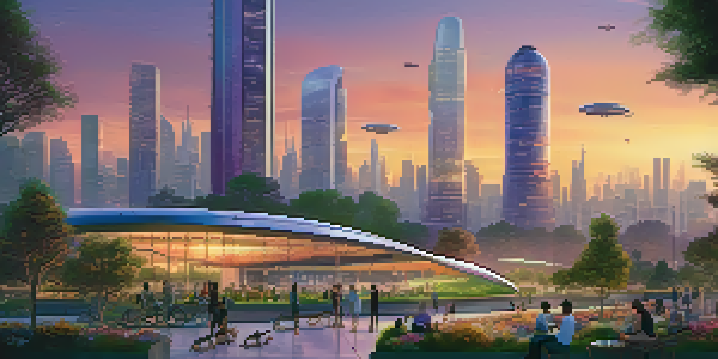 A futuristic city at sunset with modern buildings and green spaces, featuring people in a park and drones in the sky.