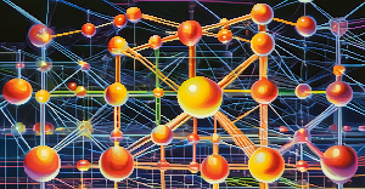 An abstract image of interconnected blockchain networks represented as colorful orbs linked by threads of light on a digital grid background.