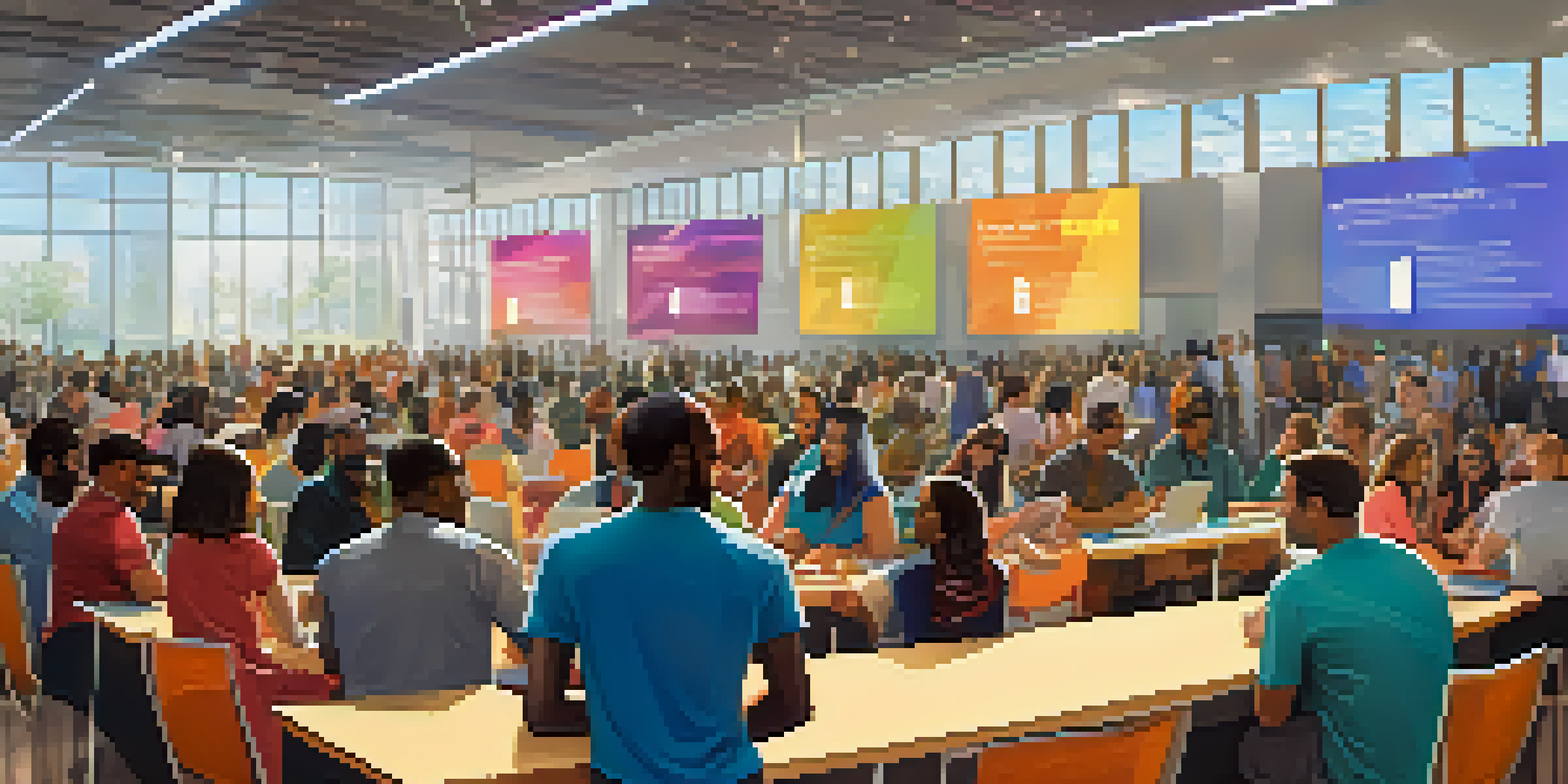 A diverse group of people engaging in discussions at an Ethereum community event in a bright conference hall.