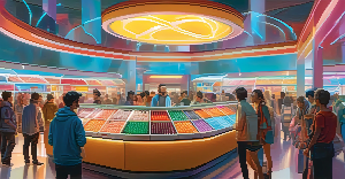 A lively digital marketplace with people interacting and holographic product displays, illuminated by sunlight.