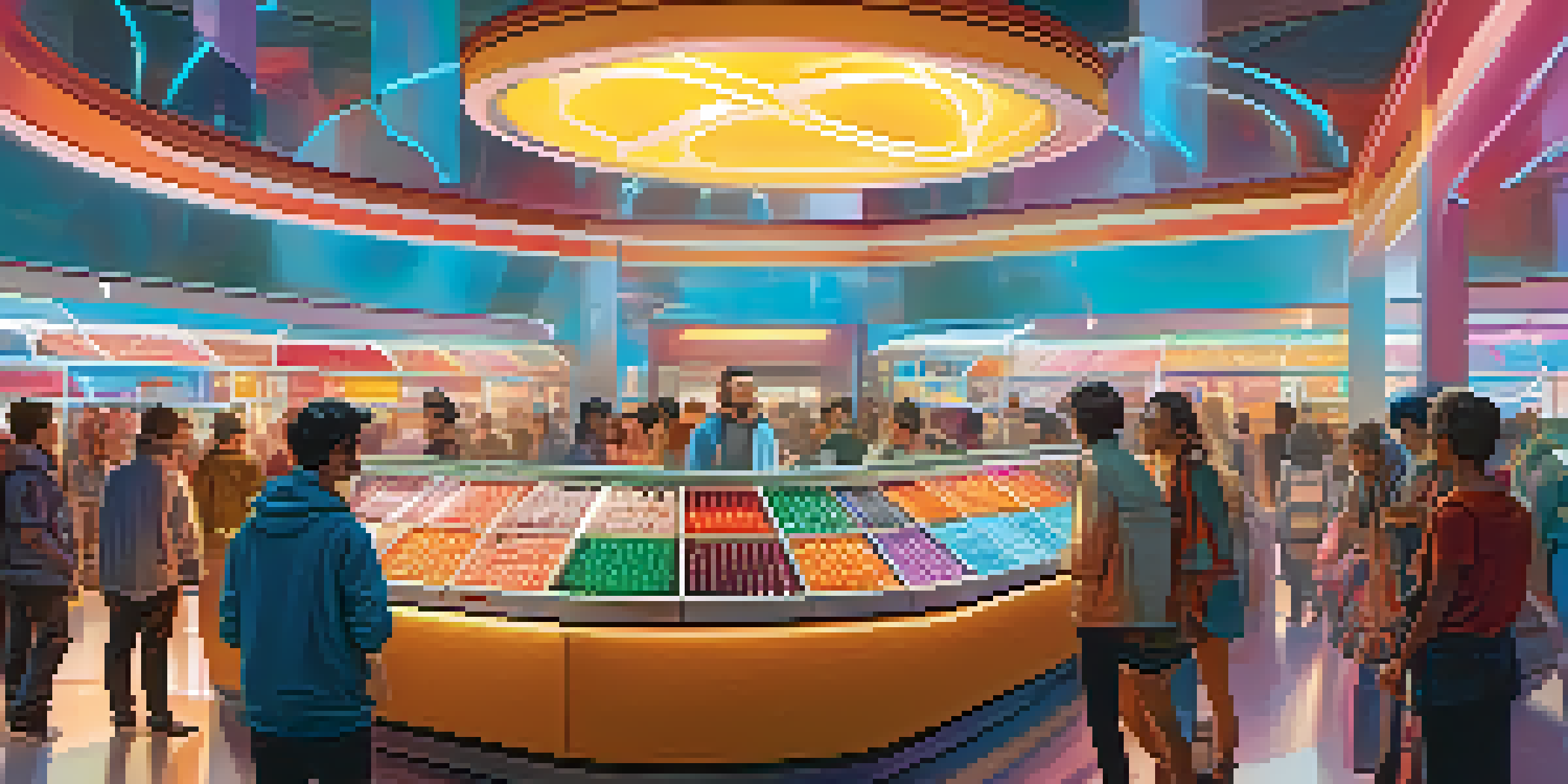 A lively digital marketplace with people interacting and holographic product displays, illuminated by sunlight.