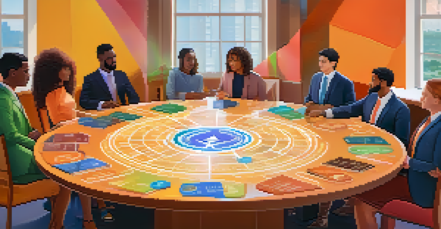 A round table discussion among diverse individuals about token distribution, with colorful infographics around them.