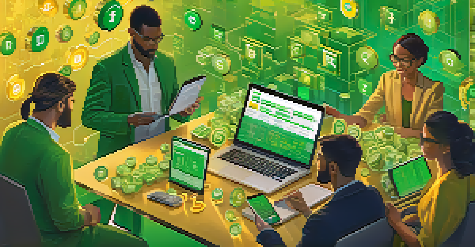 A diverse group of individuals using digital devices in a DeFi platform, surrounded by floating currency icons and reputation scores, in a vibrant green and gold color scheme.