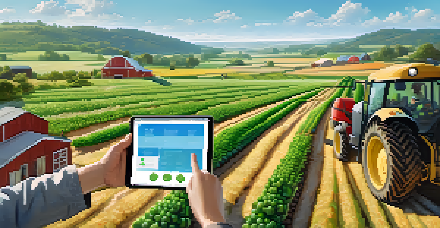 A farmer using a tablet to track produce supply chains, with visual connections between different farms in a serene landscape.