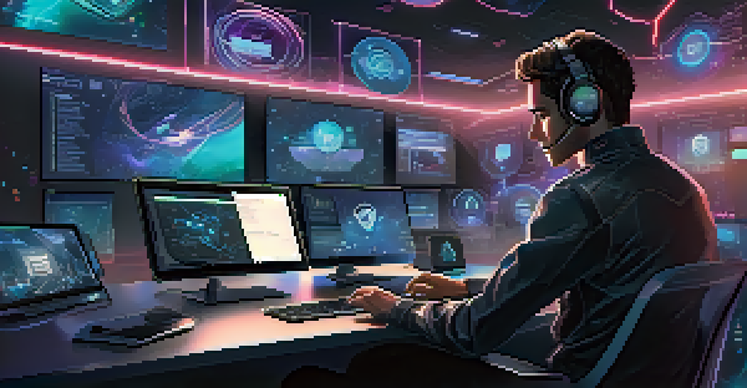 A developer in a modern workspace working on decentralized applications with holographic screens displaying reputation scores.