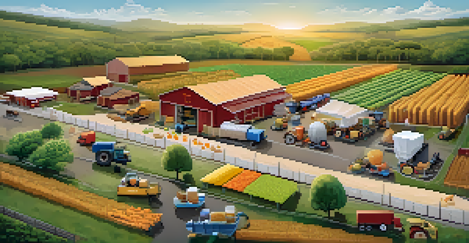 An infographic-style illustration of a supply chain process from farm to table, showcasing various stages of product tracking in a detailed manner.