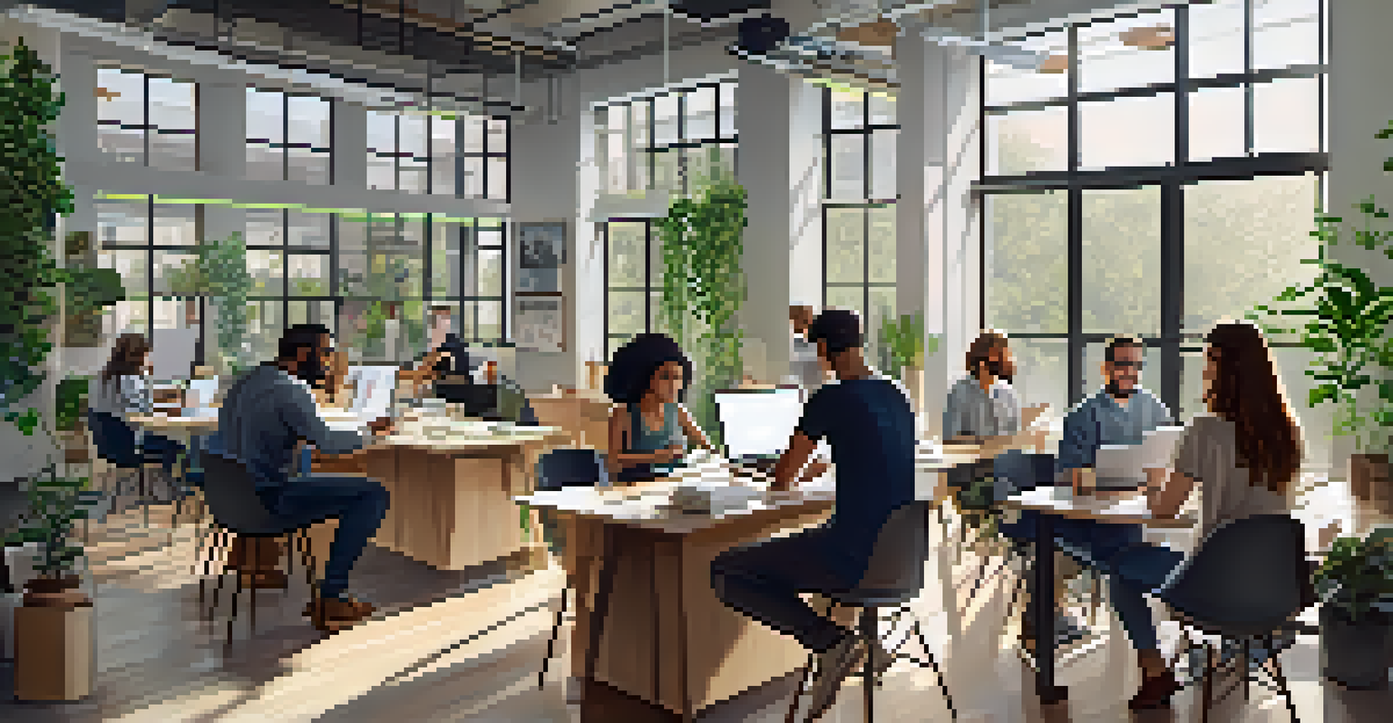 A diverse team of people collaborating in a co-working space with laptops and charts for a crowdfunding project.