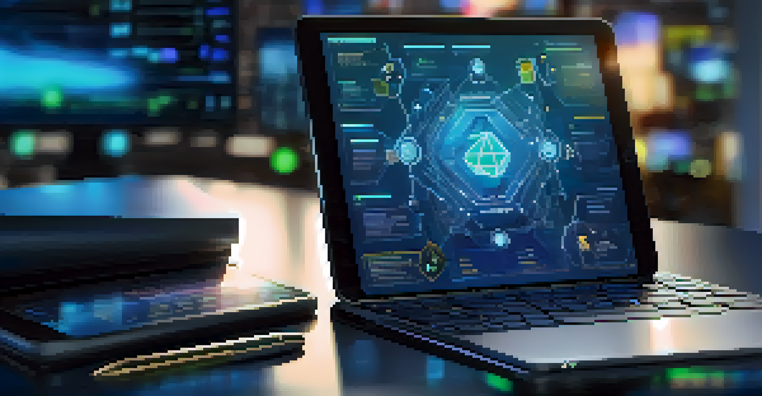 Close-up of a digital tablet displaying a smart contract, with blockchain visuals in a blurred office background.
