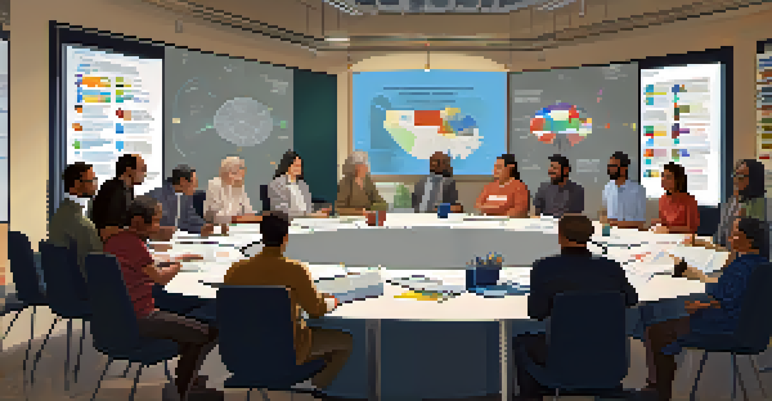 A group of individuals engaged in a decentralized governance meeting around a round table, with digital devices displaying voting options.