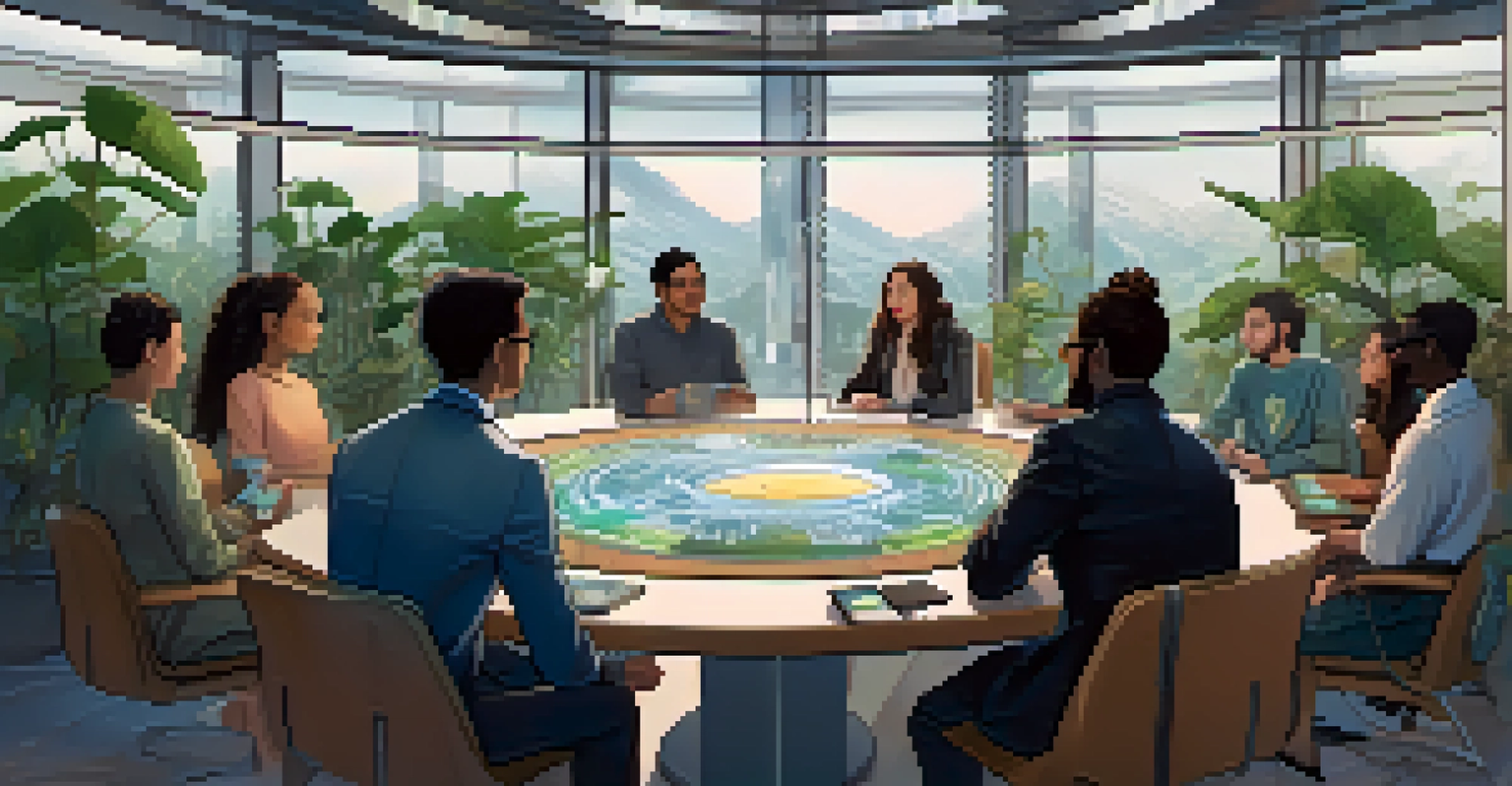 A diverse group of individuals in a DAO meeting, discussing smart contracts and security in a modern, plant-filled room.