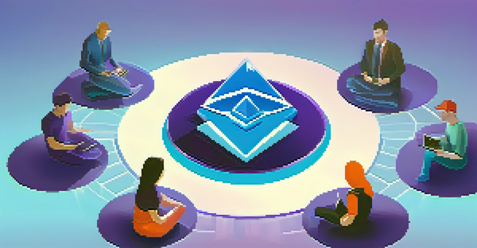 An illustration showing the four groups of Ethereum stakeholders, including developers, miners, users, and investors, arranged in a circular layout with vibrant colors.