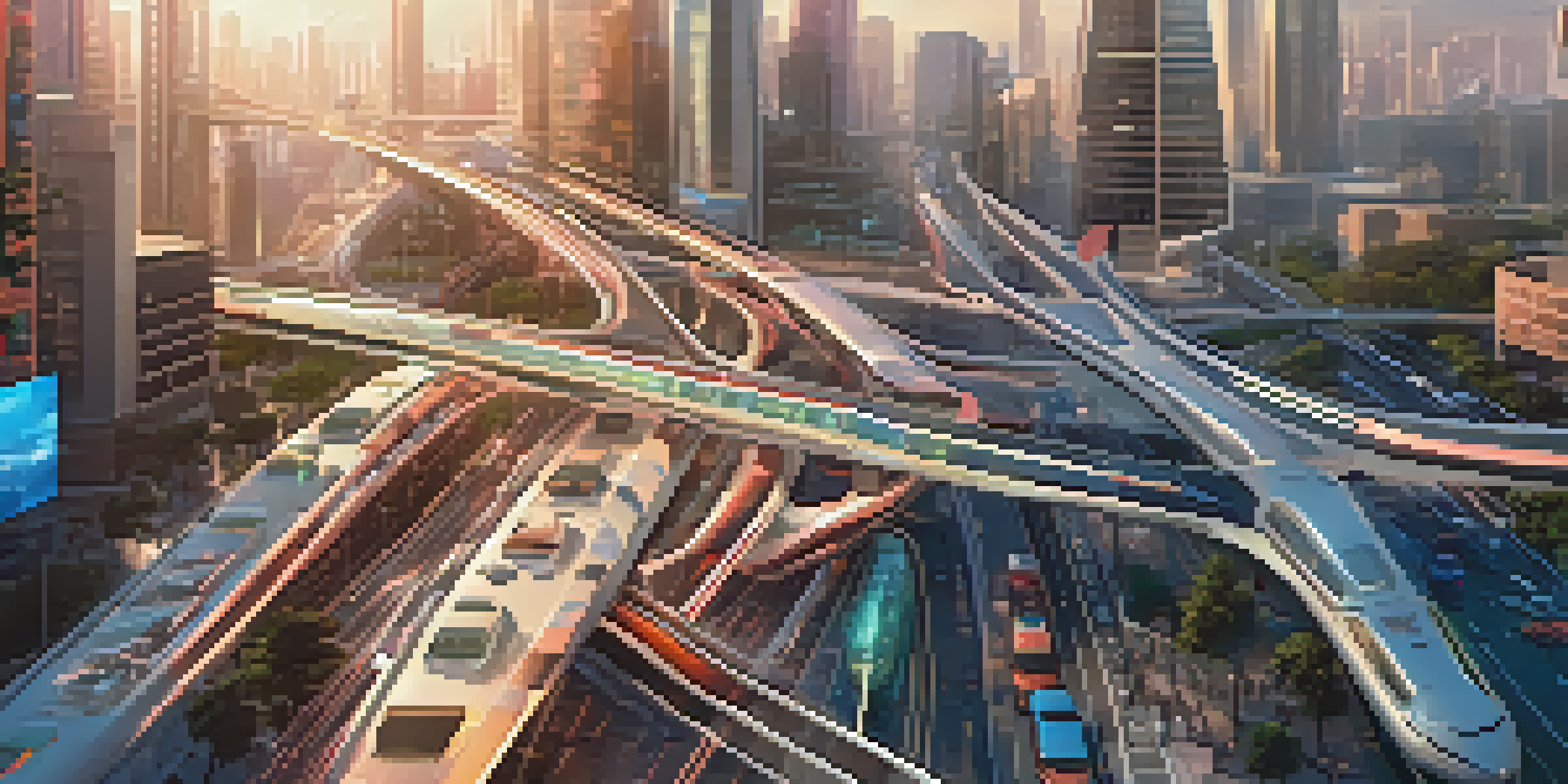 A futuristic smart city with interconnected traffic systems and technology, illuminated by sunlight.