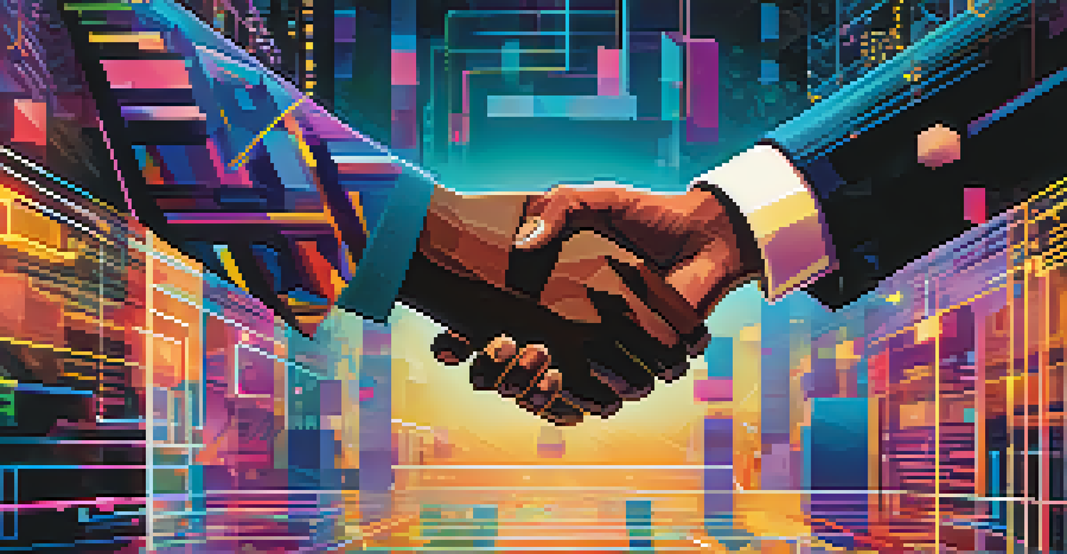Two individuals shaking hands symbolizing decentralized lending, surrounded by graphics of currency and blockchain technology.