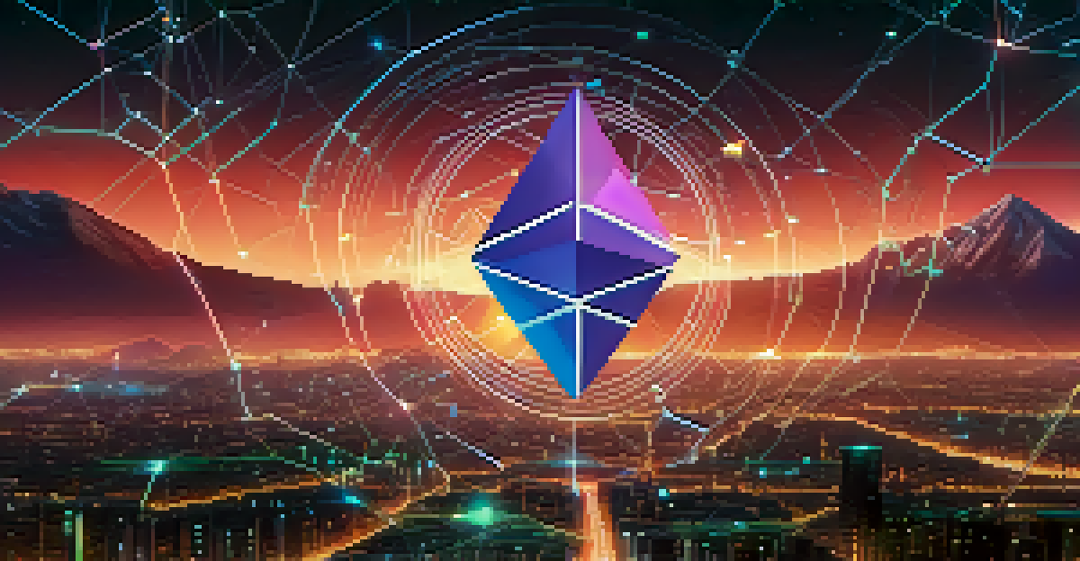 A futuristic digital landscape with glowing blockchain nodes and a user-friendly interface for registering Ethereum Name Service.