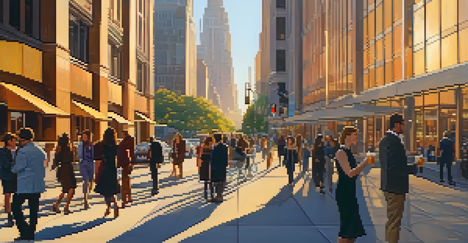 A busy city street filled with people during the golden hour, with skyscrapers reflecting sunlight in the background.