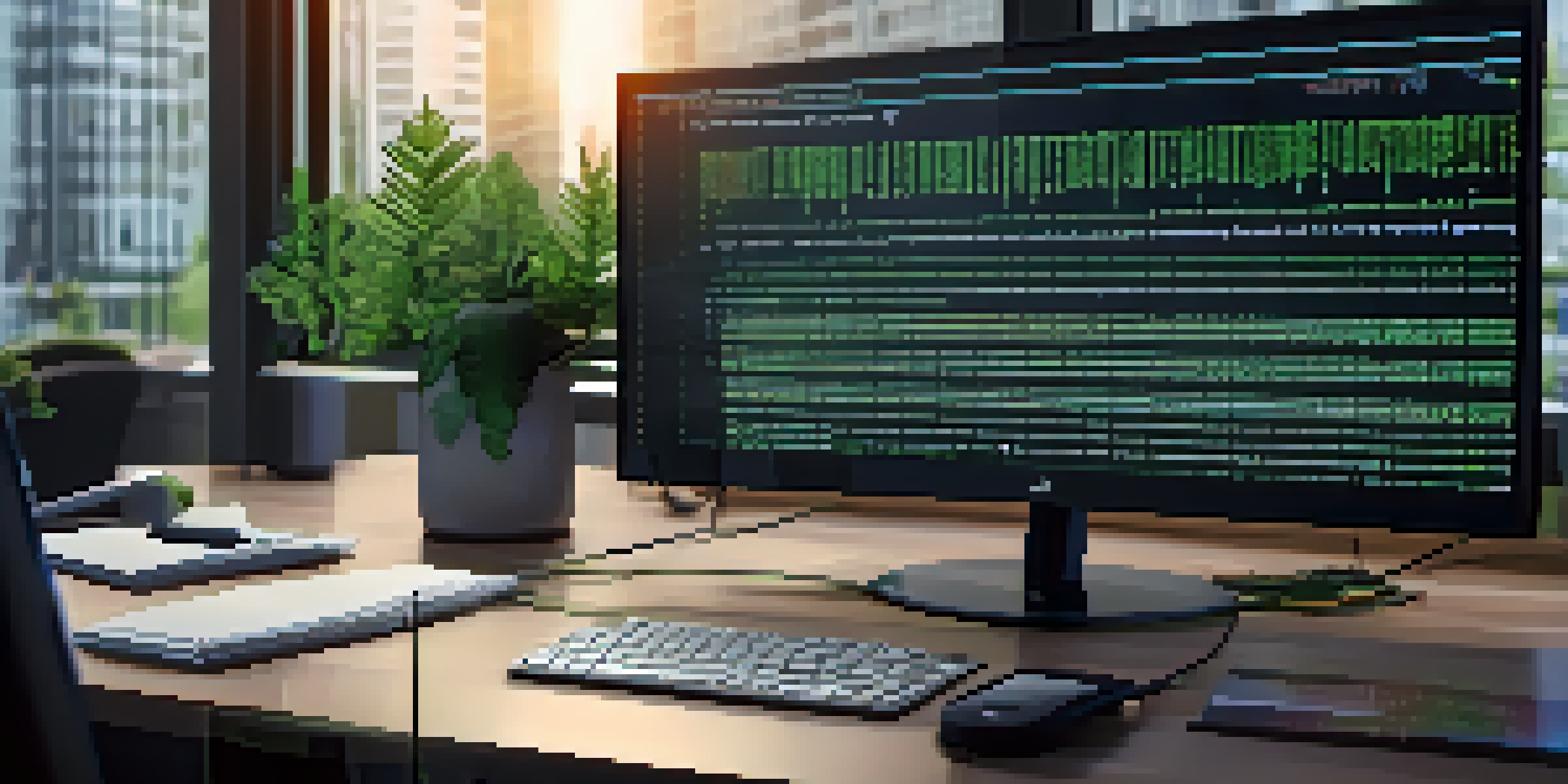 A computer screen showing code for smart contracts, with highlighted vulnerabilities, set in a modern office environment.