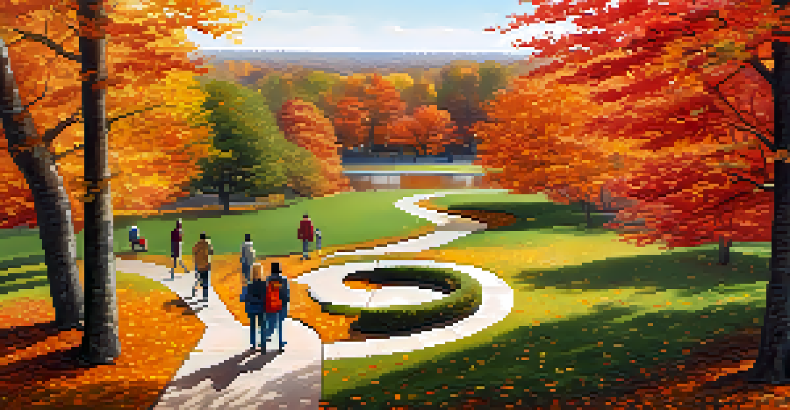 A peaceful park in autumn, with colorful leaves on the ground, a winding path, and a pond reflecting the trees.