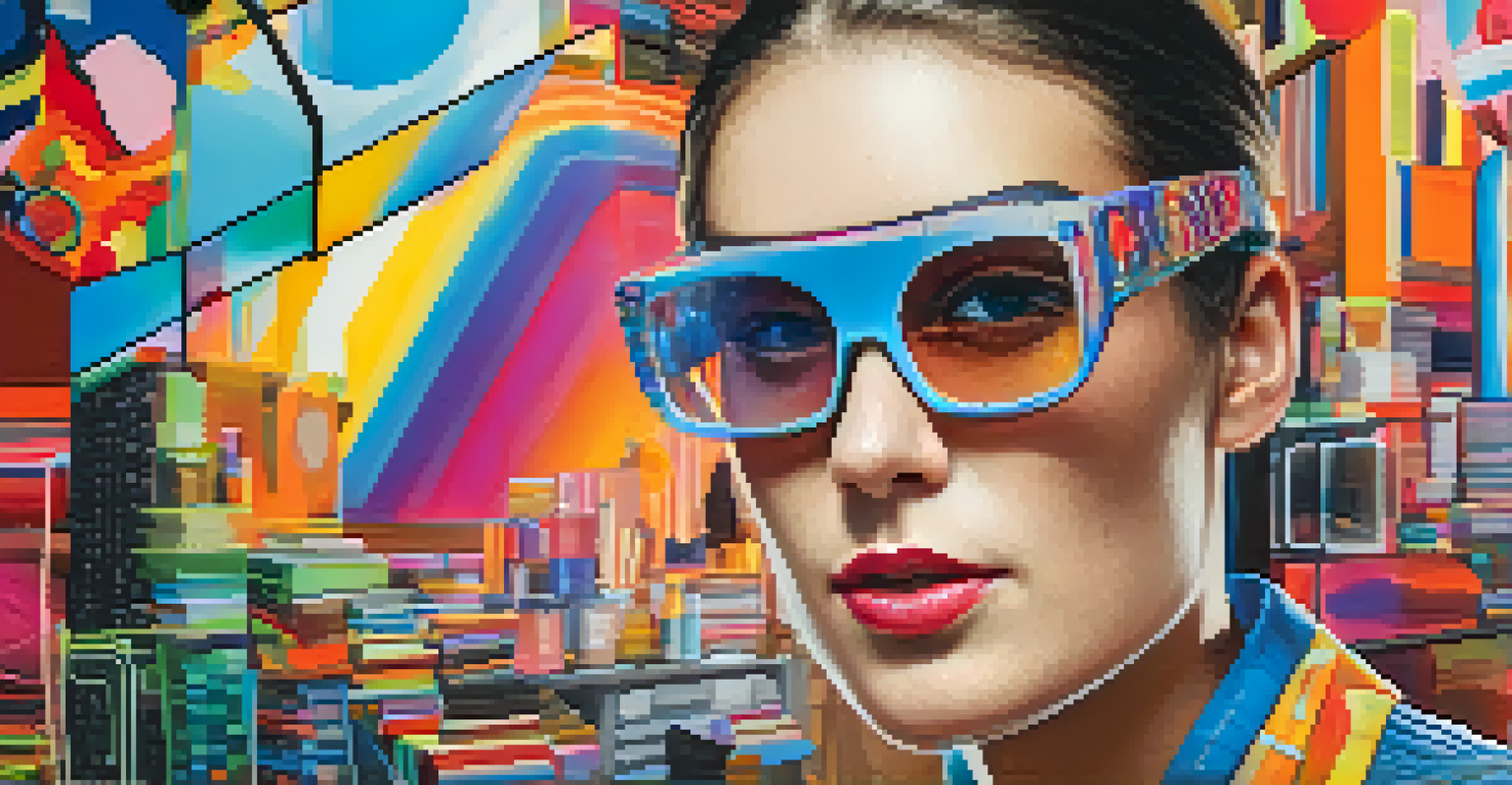 A person wearing augmented reality glasses in a modern living room, interacting with an animated virtual art piece, surrounded by art supplies.