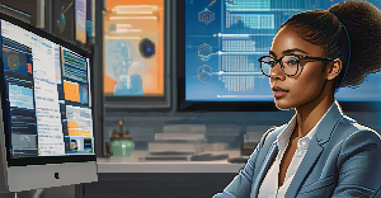 A portrait of a confident young woman engaging in a video conference about Ethereum, with technology-themed posters in the background.