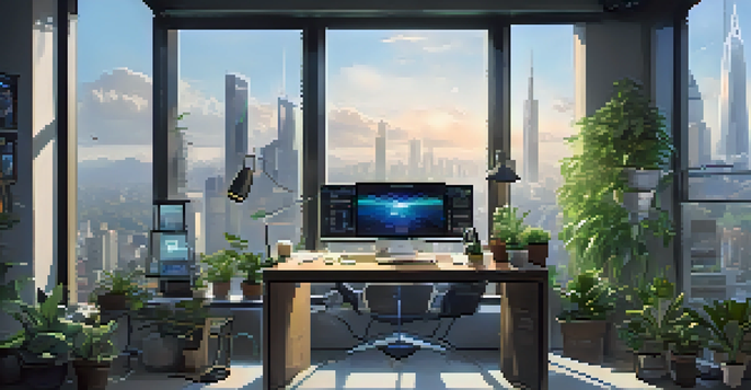 A modern freelance workspace with a laptop, plants, and a view of the city skyline.
