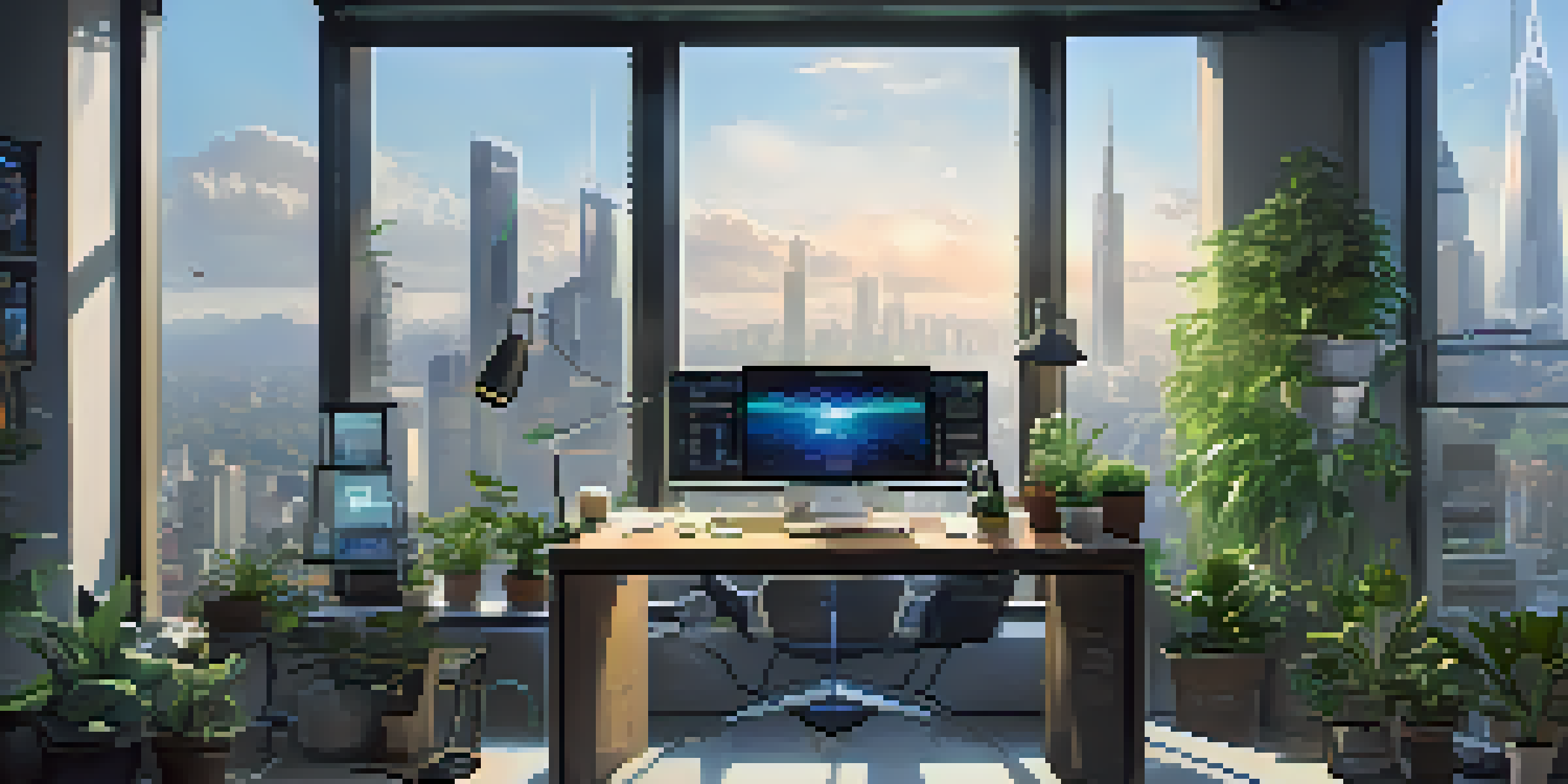 A modern freelance workspace with a laptop, plants, and a view of the city skyline.