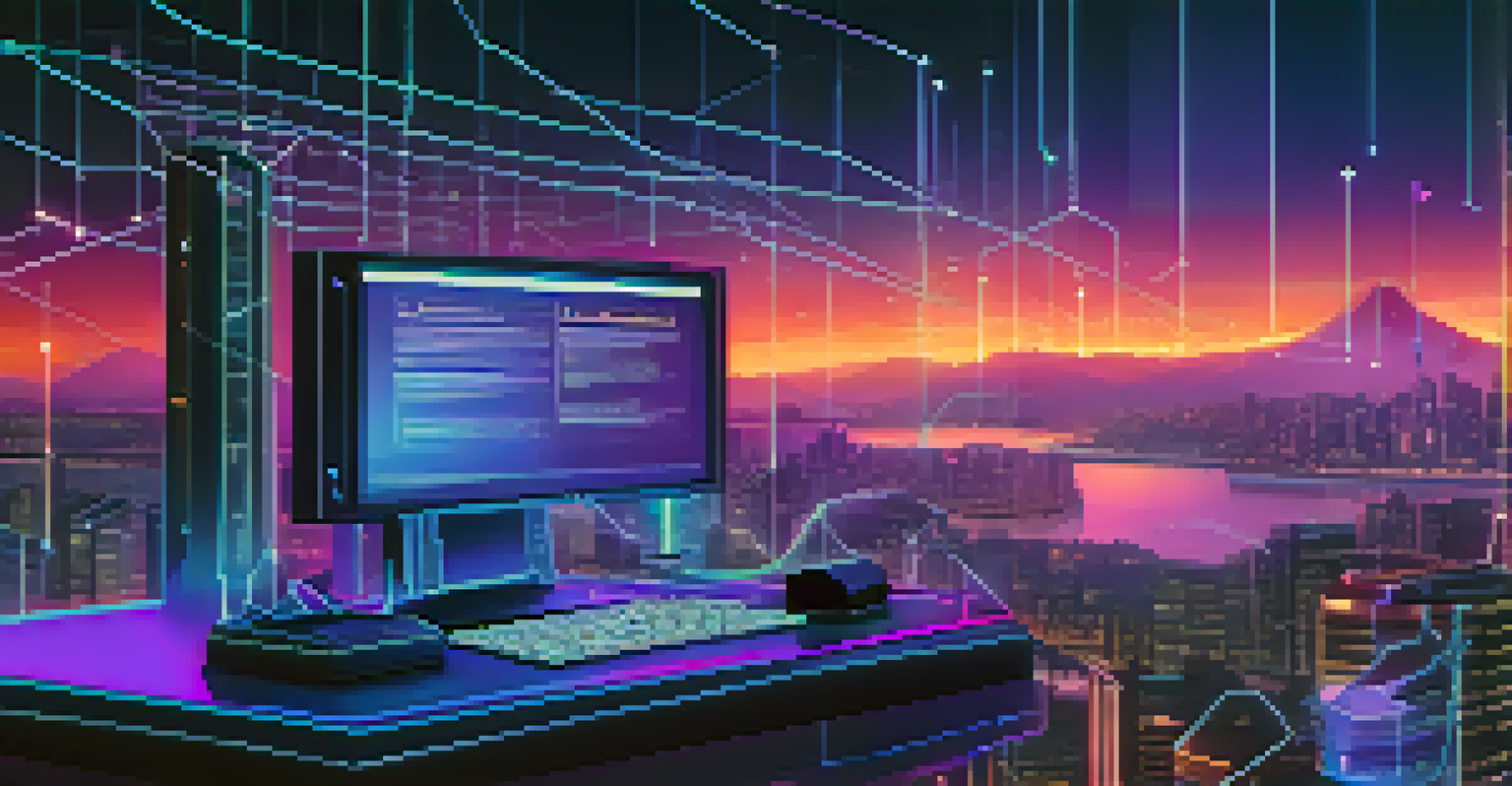 A glowing digital document representing a smart contract on a blockchain, set against a futuristic city skyline with neon lights.