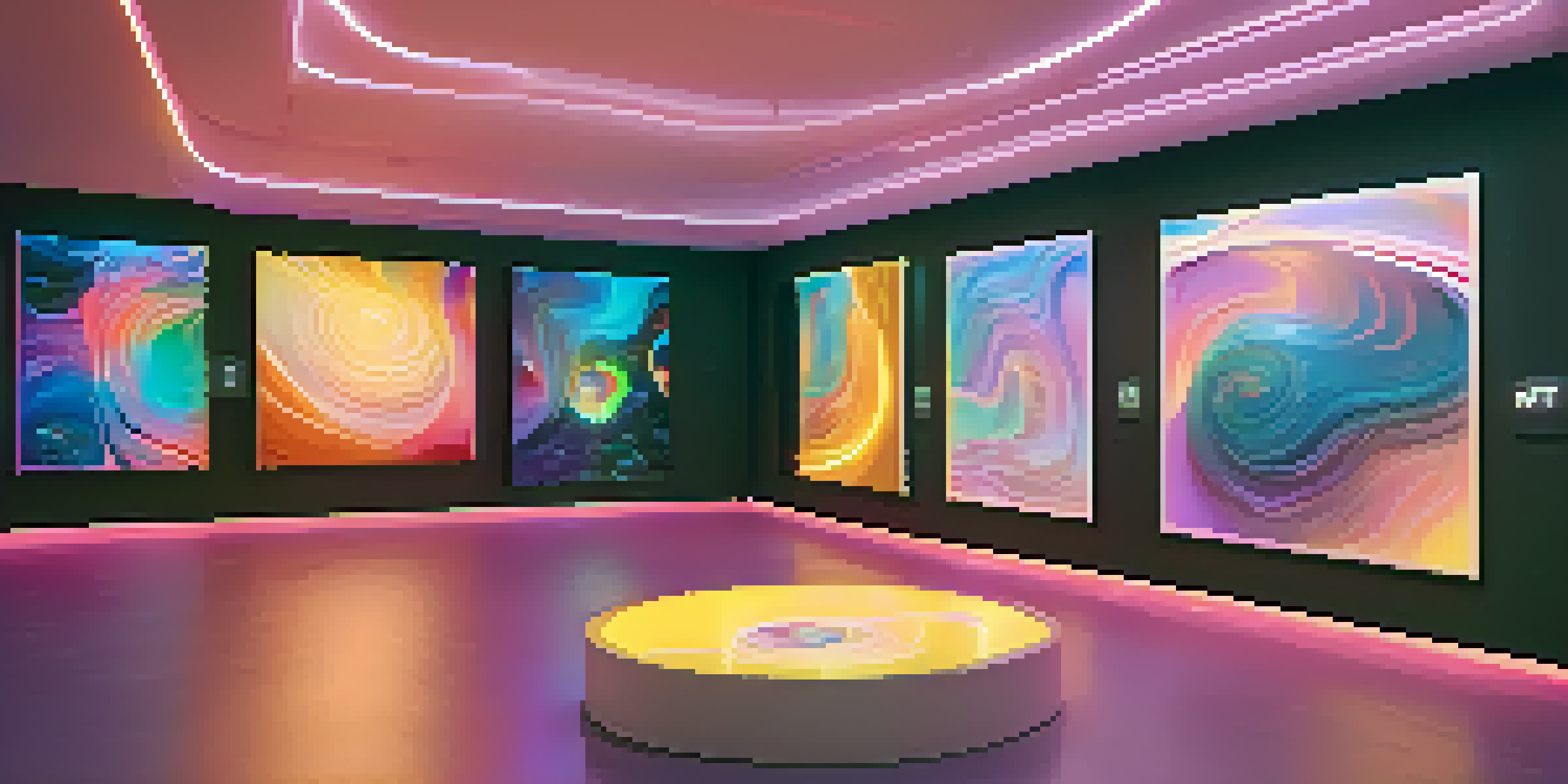 A modern digital art gallery filled with colorful NFT artworks displayed on virtual screens, illuminated by soft ambient lighting.