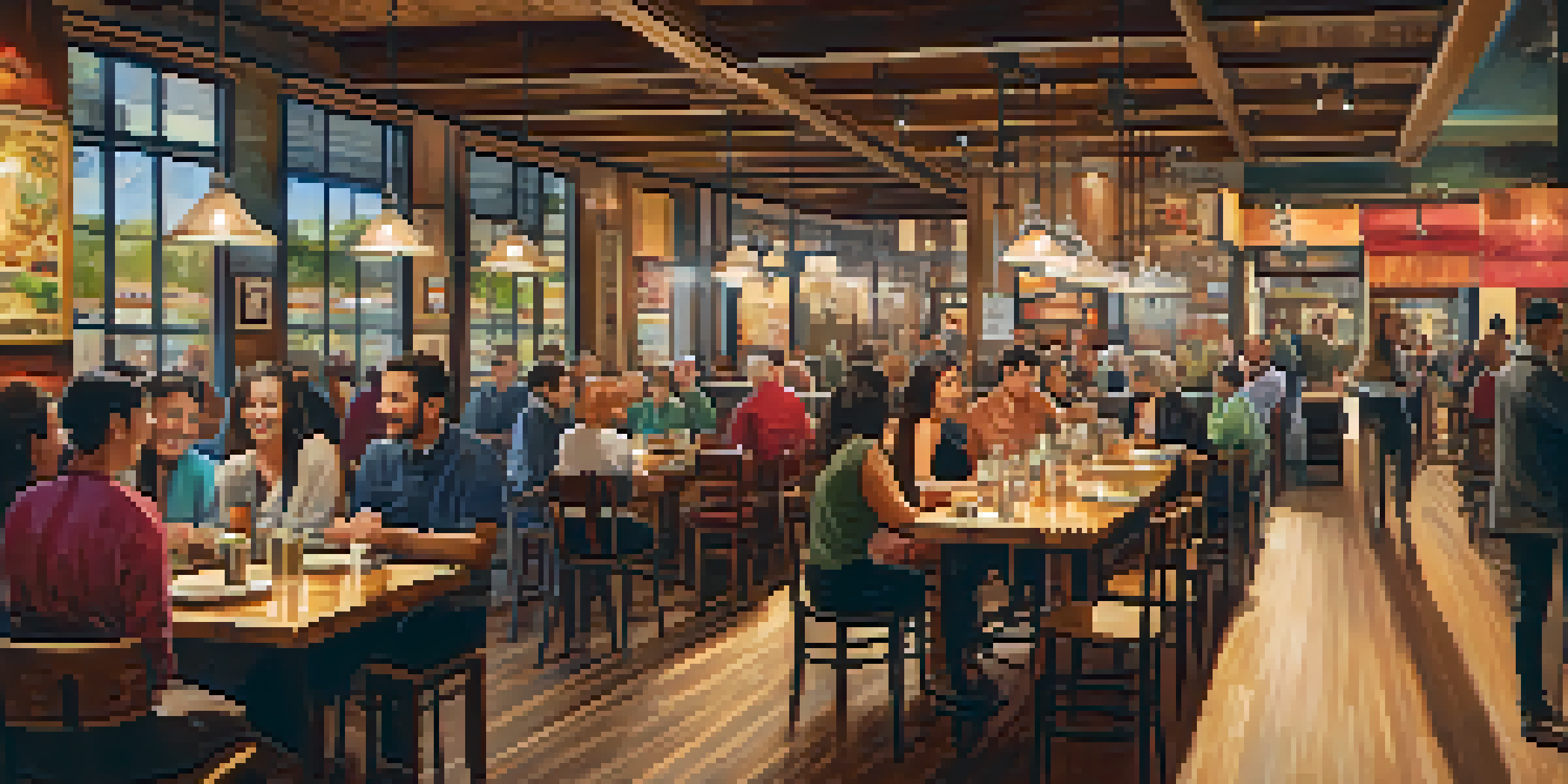 A lively restaurant with various dining sections filled with customers, warmly lit with pendant lights, featuring wooden tables and colorful artwork.