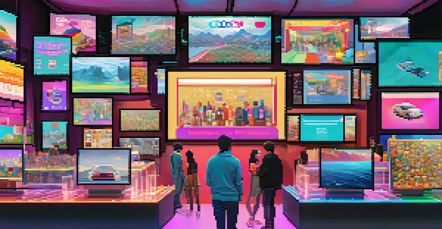 A digital marketplace showcasing NFT artworks and collectibles with users interacting through holographic screens.