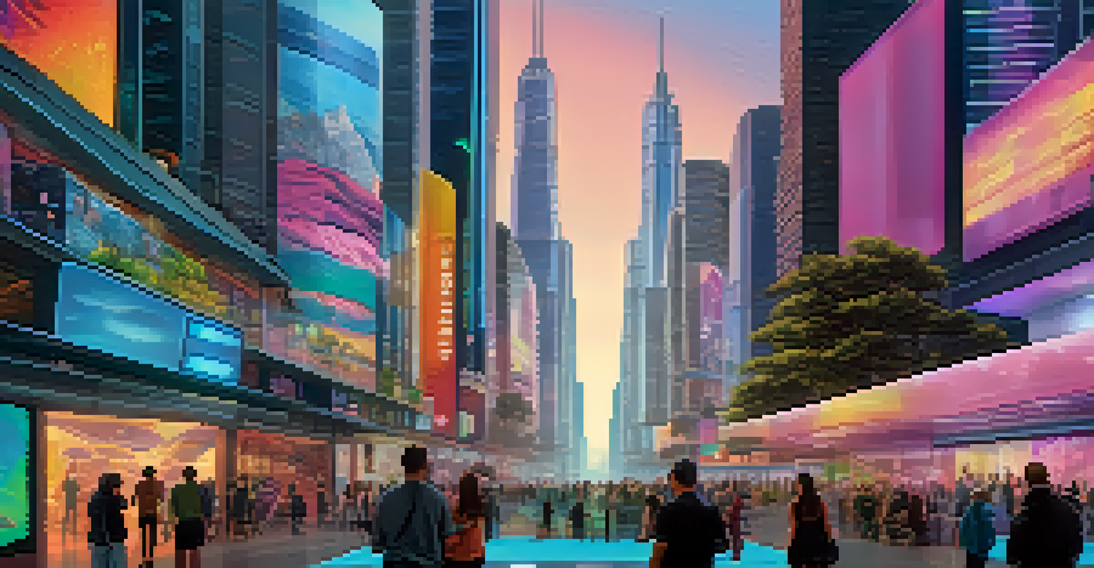 A futuristic cityscape filled with digital art on skyscrapers, where people use augmented reality to engage with NFTs in a vibrant setting.