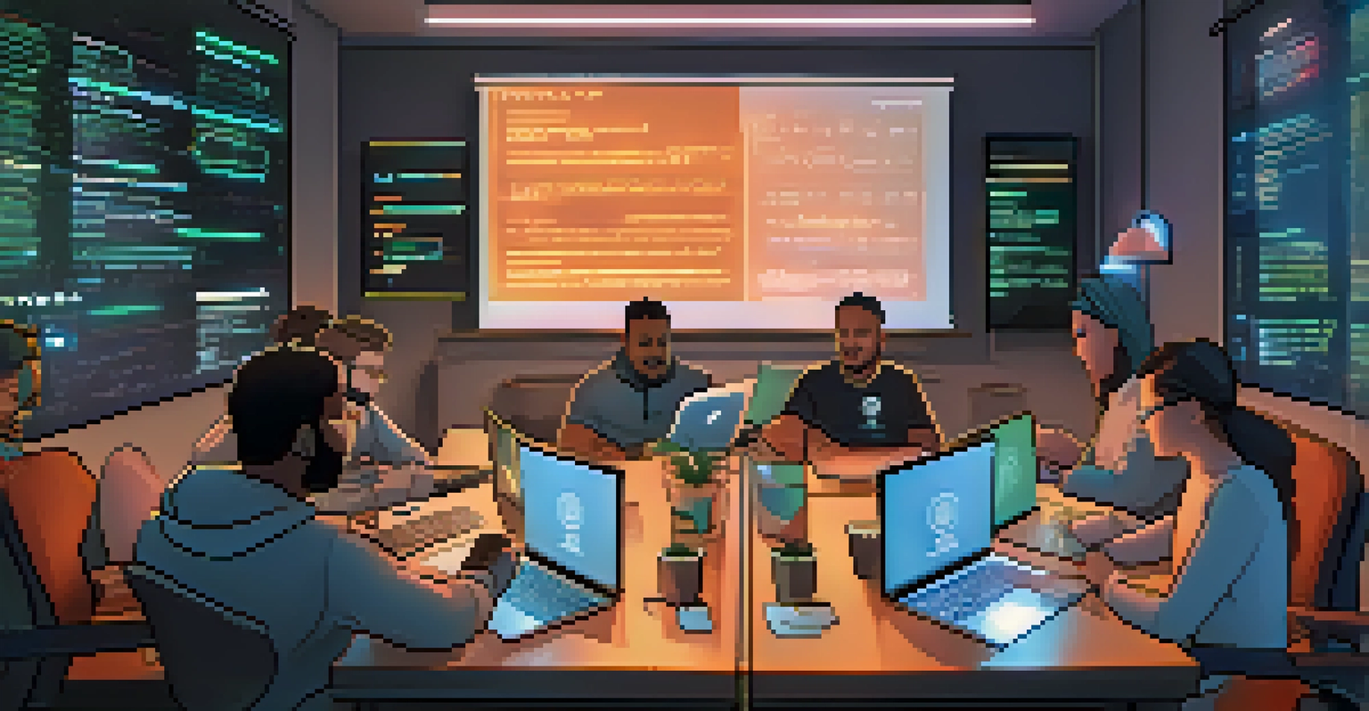 Developers collaborating on smart contracts for Ethereum 2.0 in a cozy room with warm lighting.