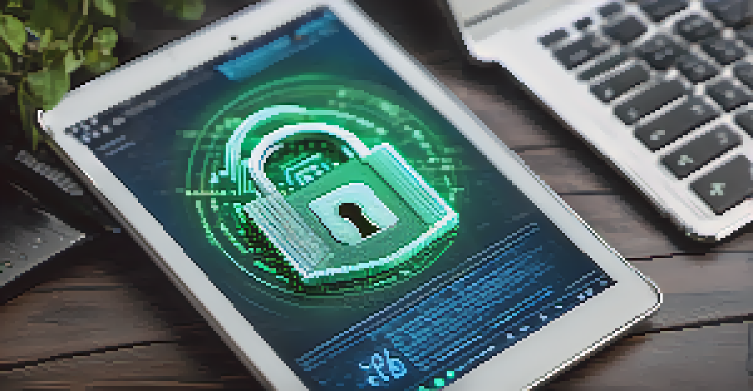 A close-up of a digital smart contract on a tablet, with blockchain code and a secure lock symbol in the background, representing security in technology.