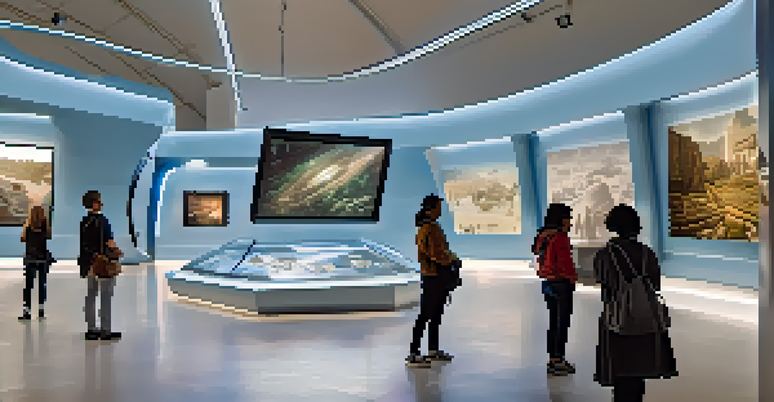 A futuristic museum exhibit with augmented reality displays, where visitors interact with holographic artifacts in a modern architectural setting.