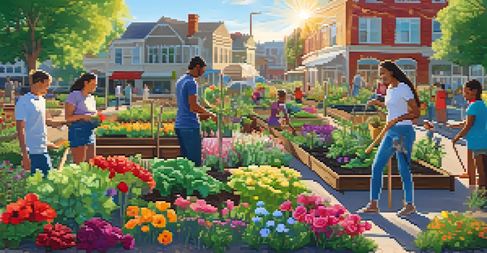 A community garden with people planting and watering plants, surrounded by colorful flowers and vegetables under bright sunlight.