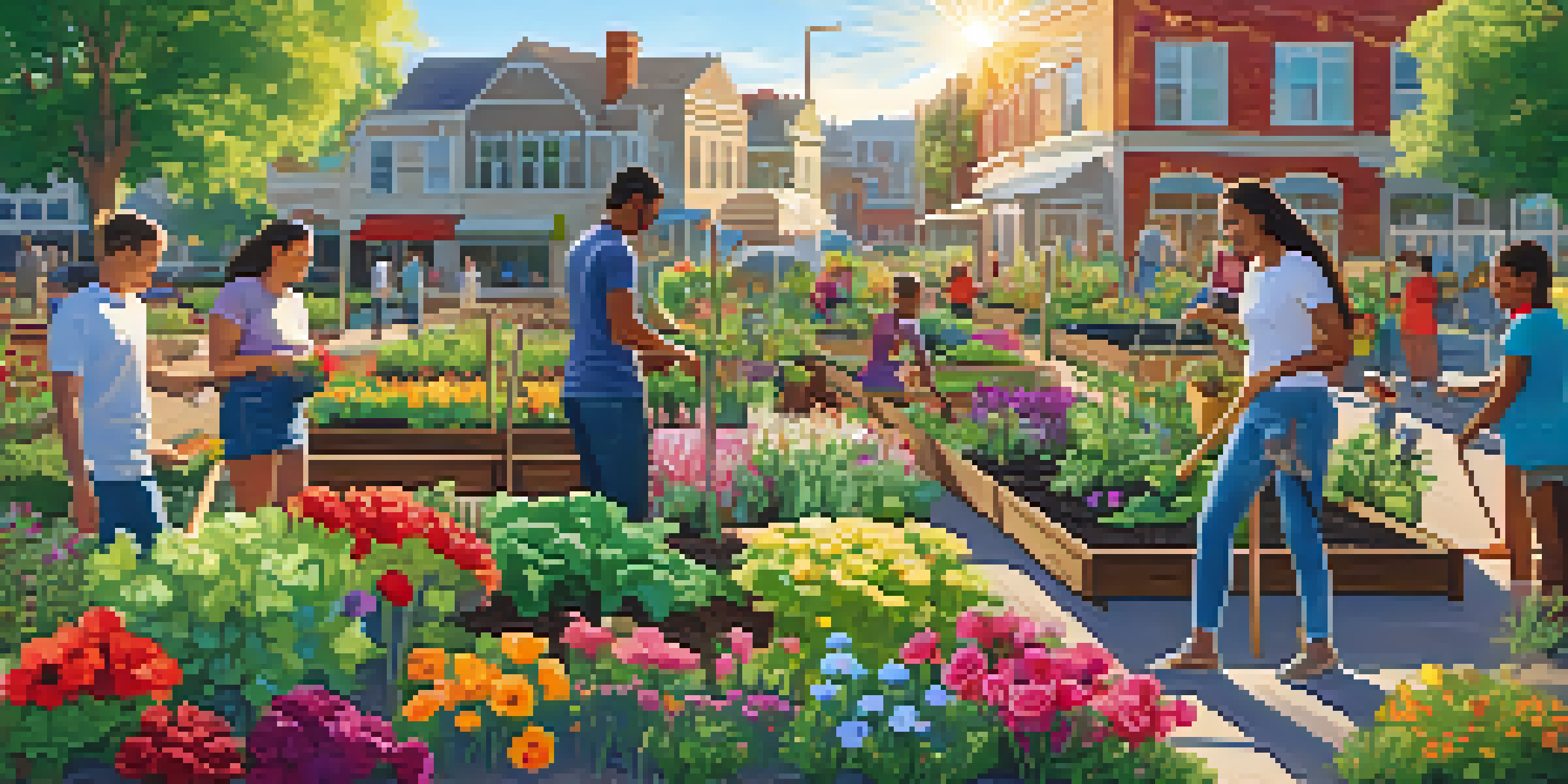 A community garden with people planting and watering plants, surrounded by colorful flowers and vegetables under bright sunlight.