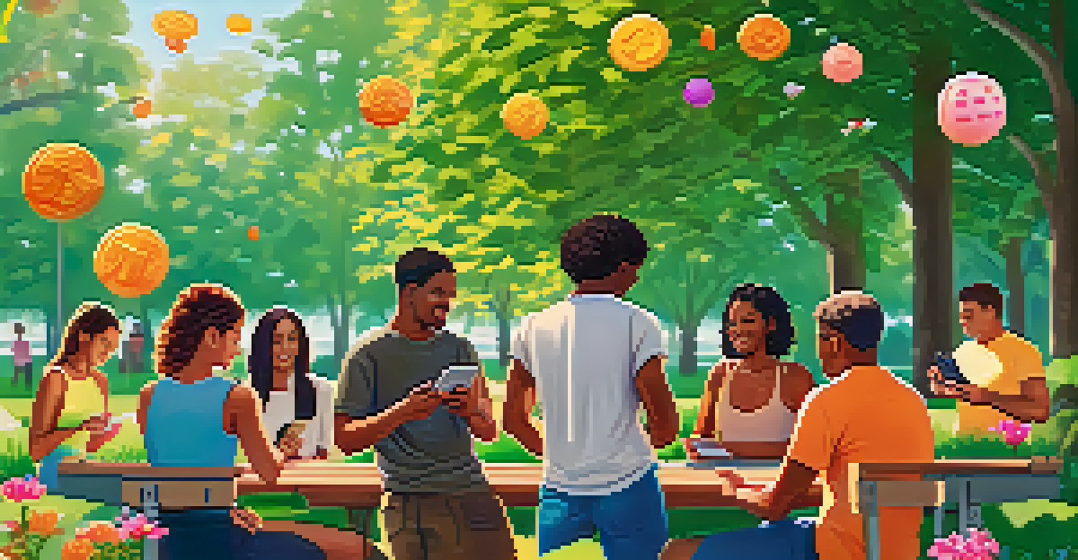 A diverse group of users in a park interacting with decentralized exchanges on their mobile devices, surrounded by greenery.