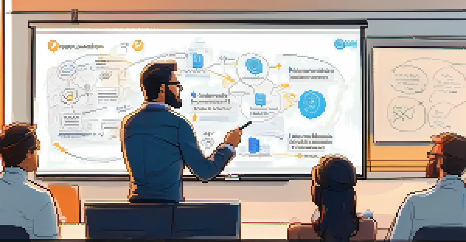 An expert speaker explaining blockchain concepts to an attentive audience in a workshop setting, with diagrams on a digital whiteboard.