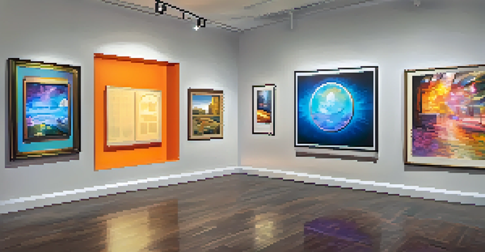 A digital art gallery filled with unique artworks, each displayed with a digital plaque showing its unique identification number.