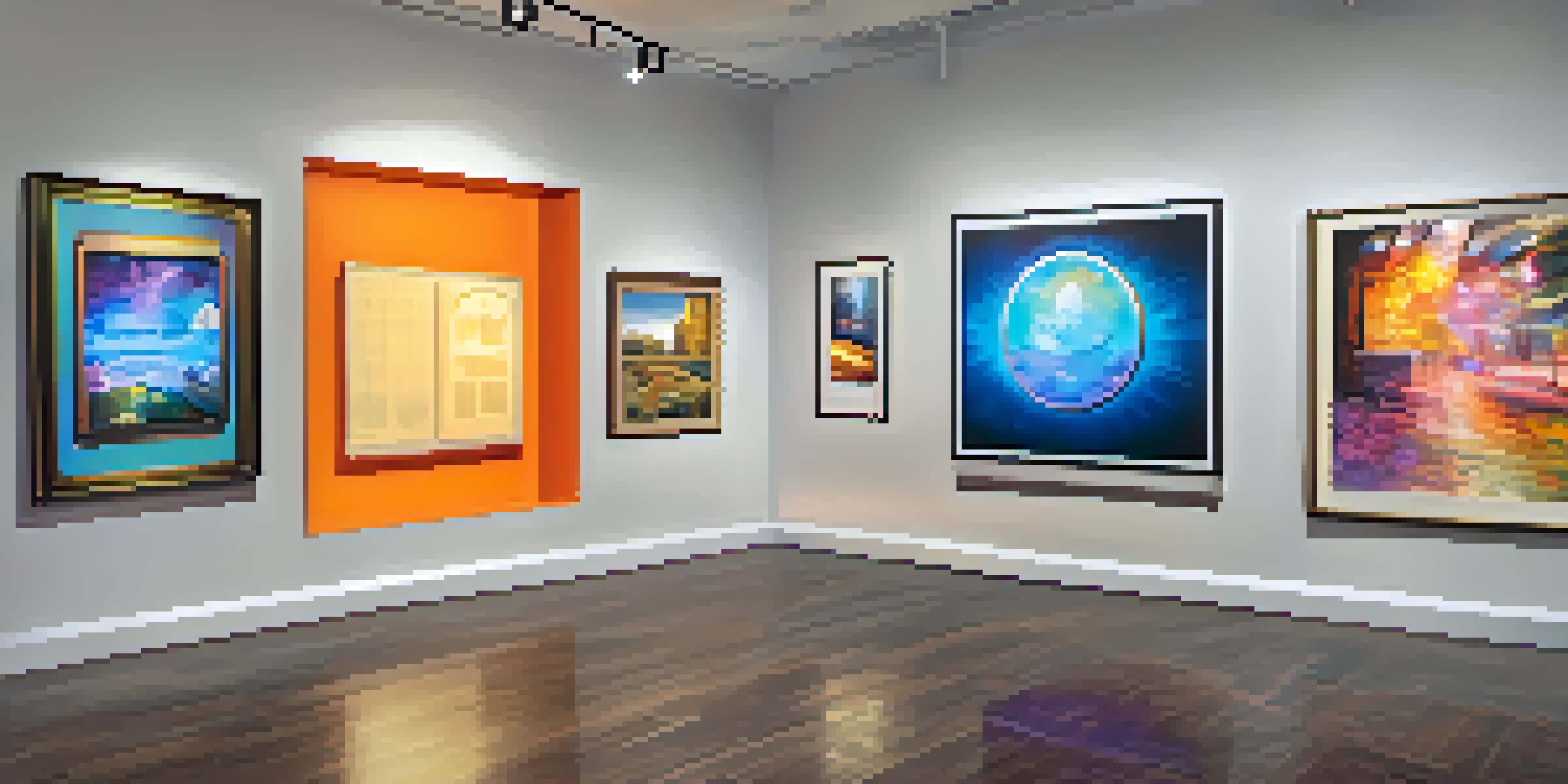 A digital art gallery filled with unique artworks, each displayed with a digital plaque showing its unique identification number.
